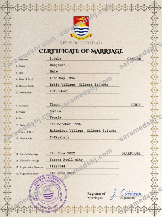 Kiribati marriage certificate PSD template